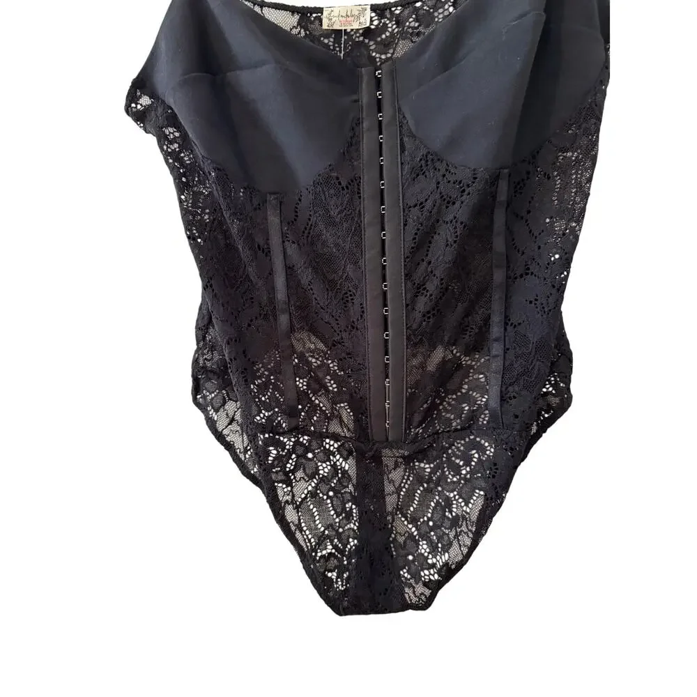 Free People Night Rhythm Lace Bodysuit Black XL